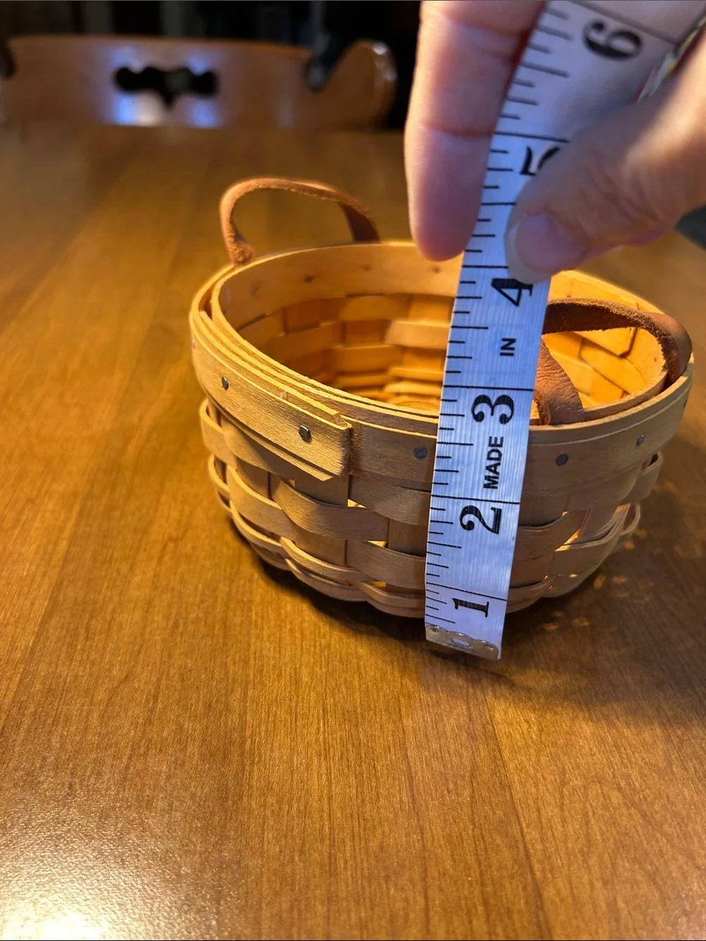 Longaberger Handwoven Natural Wood Accent Basket with Leather Handles